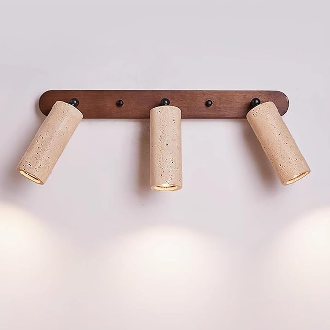3-Lights Bathroom Vanity Light Fixtures for Over Mirror, 21" Wabi Sabi Marble Wall Sconce with Adjustable Natural Stone Lampshade & Wood Base, Yellow Travertine Wall Lamp for Bedroom