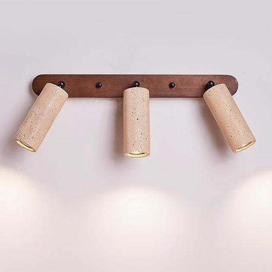 3-Lights Bathroom Vanity Light Fixtures for Over Mirror, 21" Wabi Sabi Marble Wall Sconce with Adjustable Natural Stone Lampshade & Wood Base, Yellow Travertine Wall Lamp for Bedroom