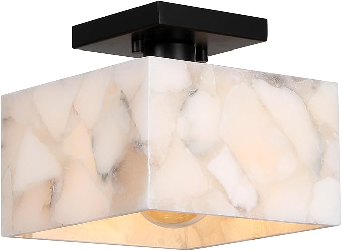 JONATHAN Y 5" White Marbling/Black Modern 1-Light Semi Flush Mount Ceiling Light for Bedroom, Cube White Alabaster Marble Shade, Mid-Century Minimalist Fixture, LED Bulb Included (JYL1203B)