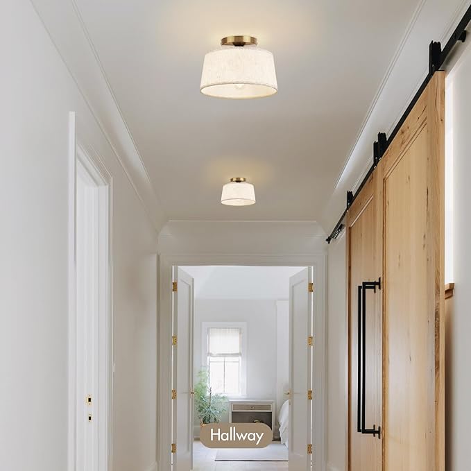2P Modern Ceiling Light Fixture, 10 Inch Semi Flush Mount Lamp with Linen Shade, E26 Base, Gold for Kitchen Bedroom Hallway Closet Entryway Room Small Spaces, 2 Pack - Aura Lighting