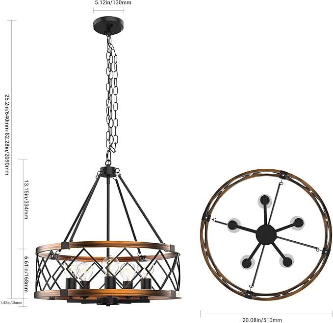5-Lights Black&Gold Chandelier, Farmhouse Chandelier for Dining Room Lighting Fixture,Metal Hanging Pendant Lights for Kitchen Island Living Room Bedroom and Entryway