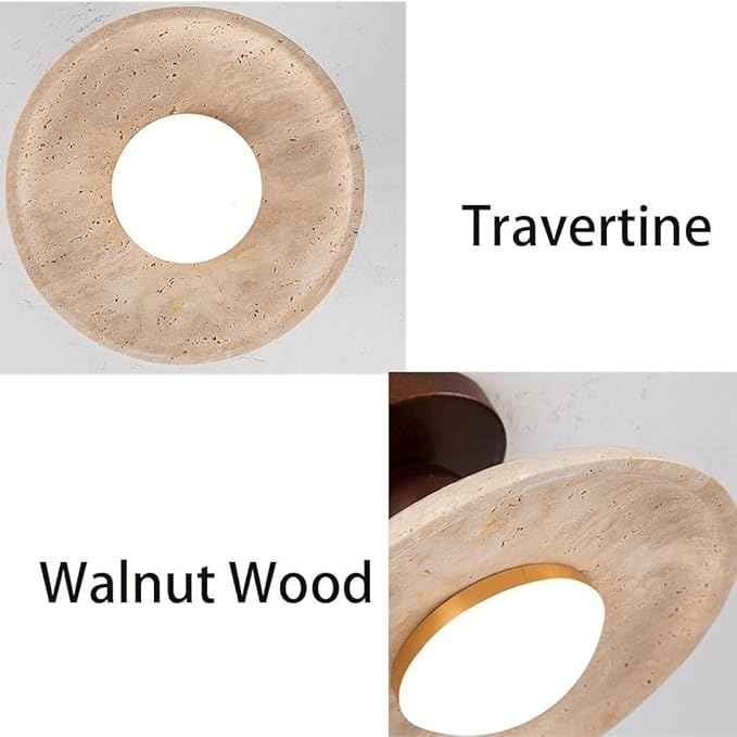 Mid-Century Travertine LED Ceiling Light, 3-Color Dimming Modern Round Natural Stone Walnut Wood Ceiling Lamp, Minimalist Flush Mount Overhead Lighting Fixture, for Living Room Bedroom