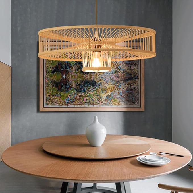 Natural Bamboo Pendant Light,19.7in Large Cylindrical Lantern Chandelier,Japanese Wabi Sabi Hanging Lamp,New Chinese Tea Room Lighting Fixture for Kitchen Island Dining Room Study Cafe