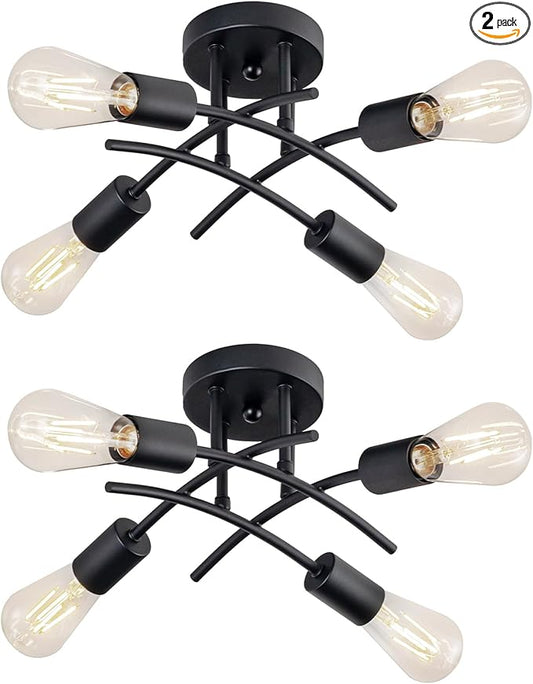 Industrial 4-Light Semi Flush Mount Ceiling Light Fixture, Modern Black Close to Ceiling Light, E26 Base Chandelier Lighting, Farmhouse Pendant Lamp for Hallway Kitchen, 2 Pack - Aura Lighting