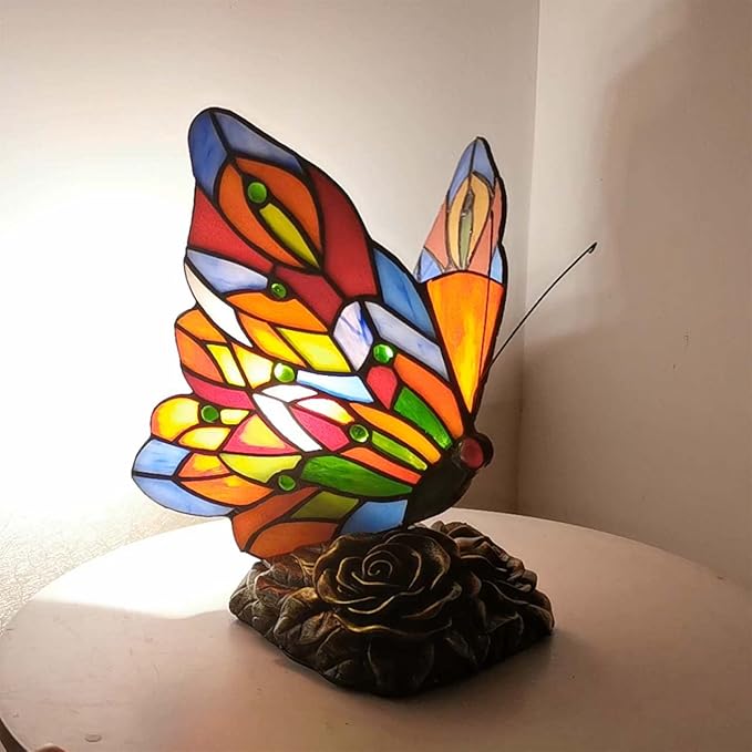Bieye L10043 Butterfly Tiffany Style Stained Glass Accent Table Lamp (Multi-Colored F)