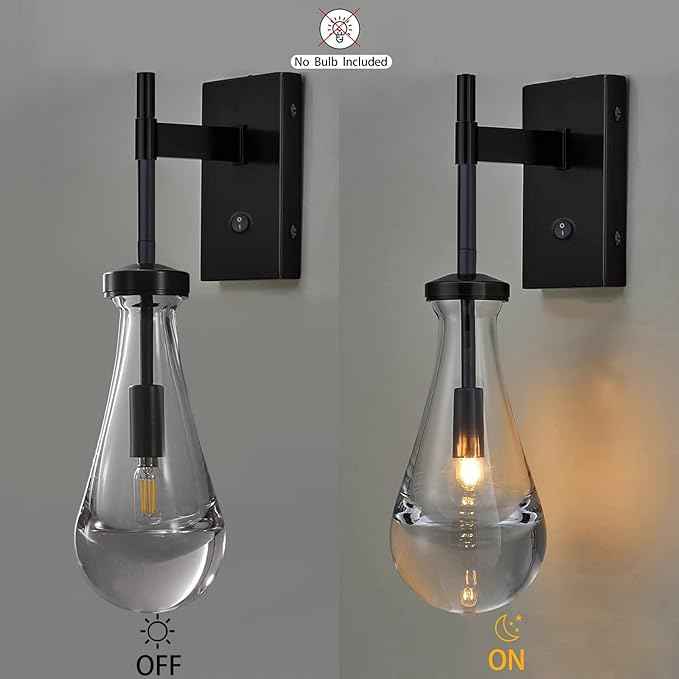 HuisMier Black Wall Sconces, Raindrop Sconces Wall Lighting with On/Off Switch Button, Modern Clear Glass Vanity Light Fixtures Raindrop Wall Sconce for Bathroom Bedroom Living Room Hallway