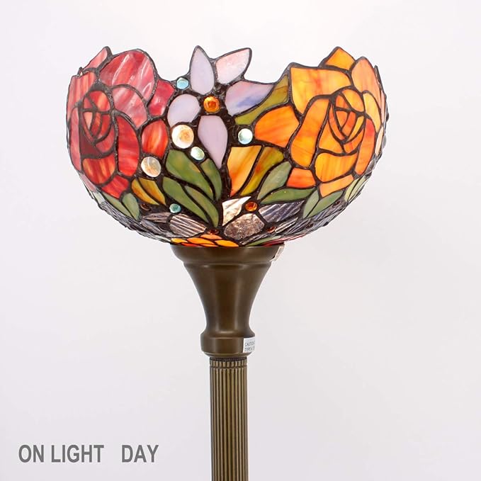 WERFACTORY Tiffany Floor Lamp Red Rose Flower Stained Glass Light 10X10X71 Inches Pole Torchiere Standing Corner Torch Uplight Decor Bedroom Living Room Home Office S001 Series