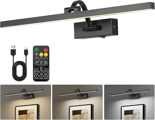 Wireless Picture Lights for Wall,23.5 Inch Black Art Light for Paintings,Battery Operated Picture Lights with Remote Control,Dimmable Rechargeable Art Lamps for Picture Frame,Gallery
