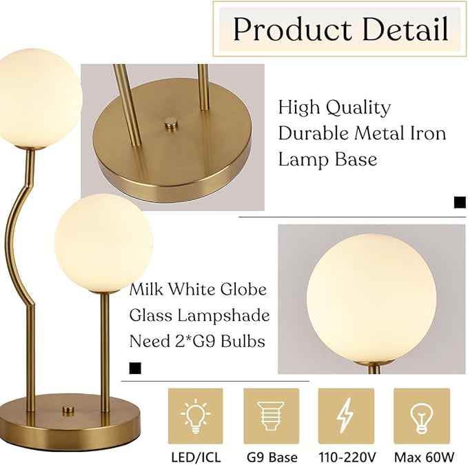 Mid Century Gold Globe Table Lamp 2-Light Orb Modern Beside Desk Table Light with Milk White Glass Shade Metal Base Nightstand Lamp for Bedroom Bedside
