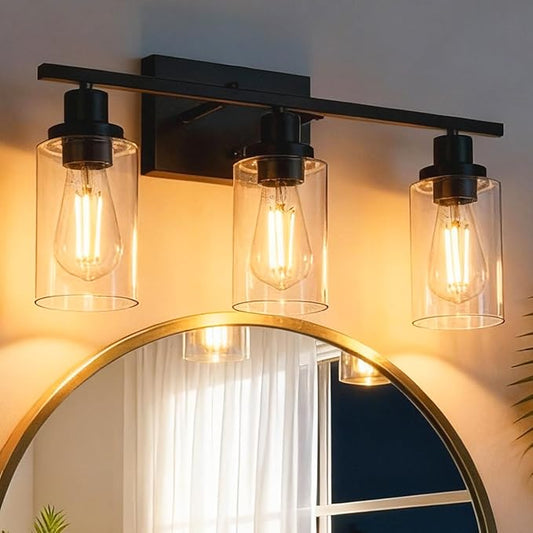 MELUCEE Bathroom Vanity Light Fixtures 24 Inches Length 3 Lights Wall Sconce Black with Clear Glass Shade for Bedroom Living Room Hallway Kitchen (Patent No.: US D963914 S) - Aura Lighting