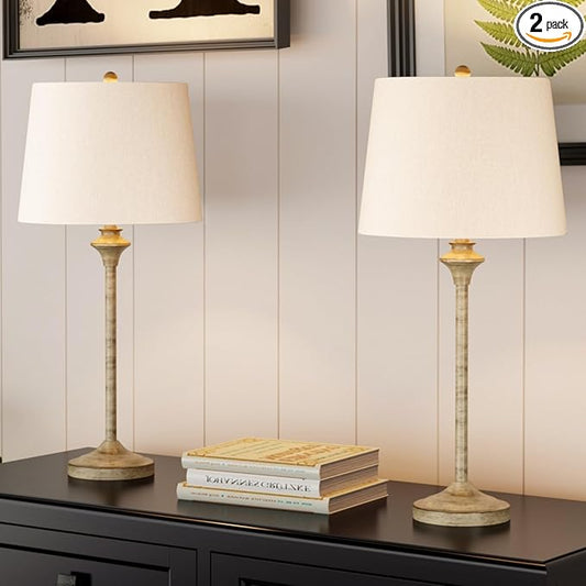 Maxax Farmhouse Buffet Table Lamps Set of 2 for Living Room, 26" Brown Bedside Nightstand Lamps with Oatmeal Fabric Shade Metal Base Decor for Bedroom, Living Room, Office, Kids Room