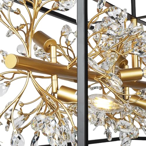 Large Black and Gold Rectangle Chandelier, 8-Light Modern Farmhouse Dining Room Light Fixtures Over Table, Crystal Chandeliers for Kitchen Island Pool Table Room