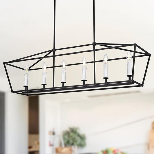 6-Light Black Island Lighting, Industrial Pendant Light Fixtures Candle-Style for Kitchen Dining Room Living Room, E12 Bulb Base