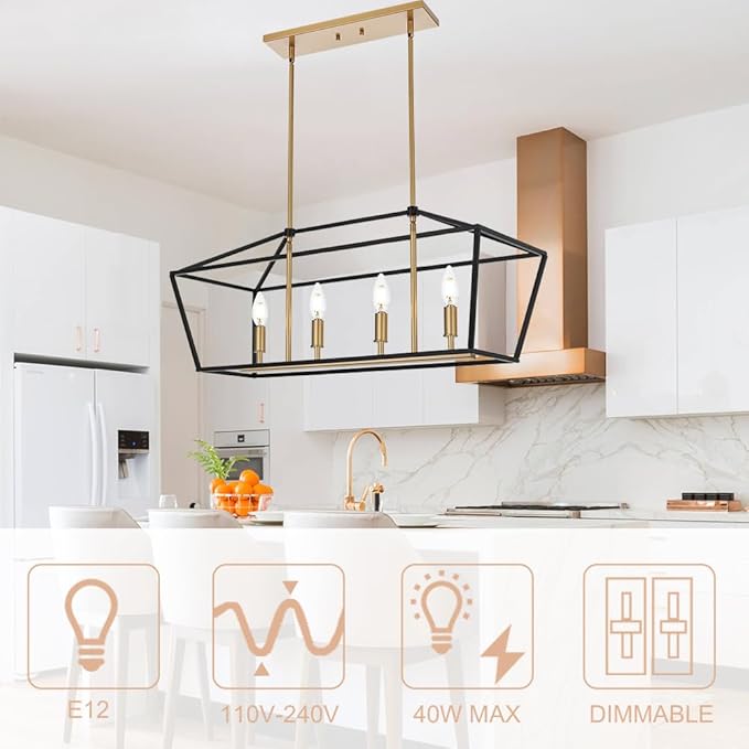 Kitchen Island Light 4-Light Linear Chandelier, Farmhouse Dining Room Pendant Lighting with Adjustable Height, Ceiling Lights Hanging Over Table