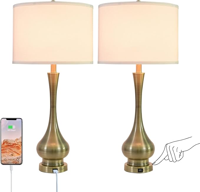 Touch Lamp for Bedrooms Set of 2, 3-Way Dimmable Nightstand Lamp Sets with Linen Fabric Shade, Bedside Lamp with USB Port & E26 Socket, Modern Tall Table Lamp for Bedroom, Living Room, Office