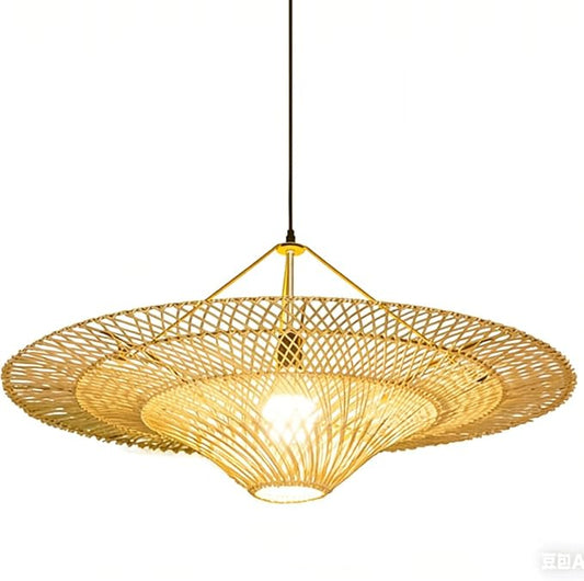 23.6-inch Southeast Asian Style Straw Hat-Shaped Rattan Chandelier,Handwoven Wicker Hanging Lamp,Wabi Sabi Restaurant Pendant Light,Adjustable Hanging Cord for Guesthouse/Shop/Living Room