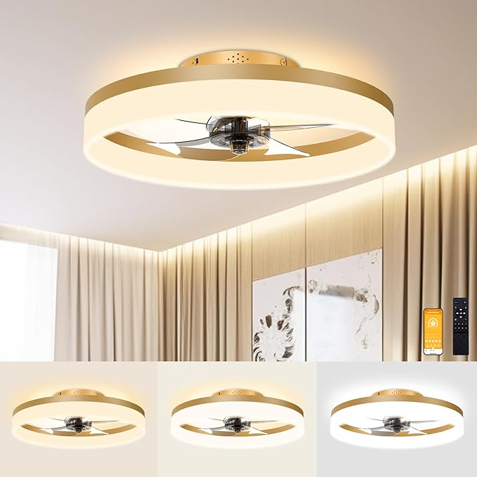 VOLISUN Low Profile Ceiling Fans with Lights and Remote, 19.7in Fandelier Ceiling Fan Flush Mount, 3000K-6500K Smart Bladeless LED Fan Light, Gold Modern Ceiling Fans with Lights for Bedroom - Aura Lighting