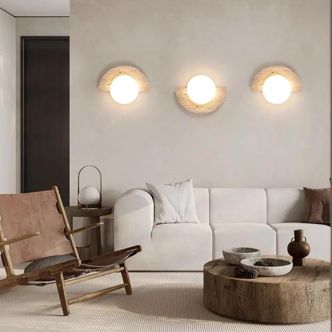 Japanese Style Wabi-sabi Art Decor Lighting Fixture, Semi Circle Yellow Travertine Wall Lamp with Glass Shade, Half Moon Natural Marble Stone Wall Sconce for Bedroom Bedside Hallway