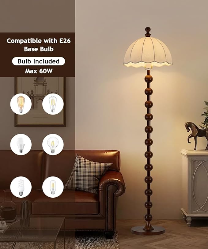 Wabi-sabi Wooden Floor Lamp 64.2" Linen Floor Light Walnut Globe Body Tall Lamp with E26 Dimmable Drum-Shaped Fabric Standing Light for Living Room Meeting Room Study Bedroom