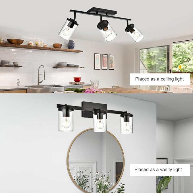 BONLICHT Industrial Vintage Indoor Wall Mount Spotlight 3 Light Modern Semi Flush Mount Ceiling Light Black Adjustable Track Lighting Kit Rustic Bathroom Vanity Light Fixture with Clear Glass Shade - Aura Lighting