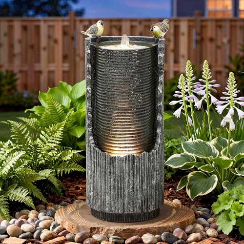 32" Faux Stone Outdoor Water Fountain with LED Lights