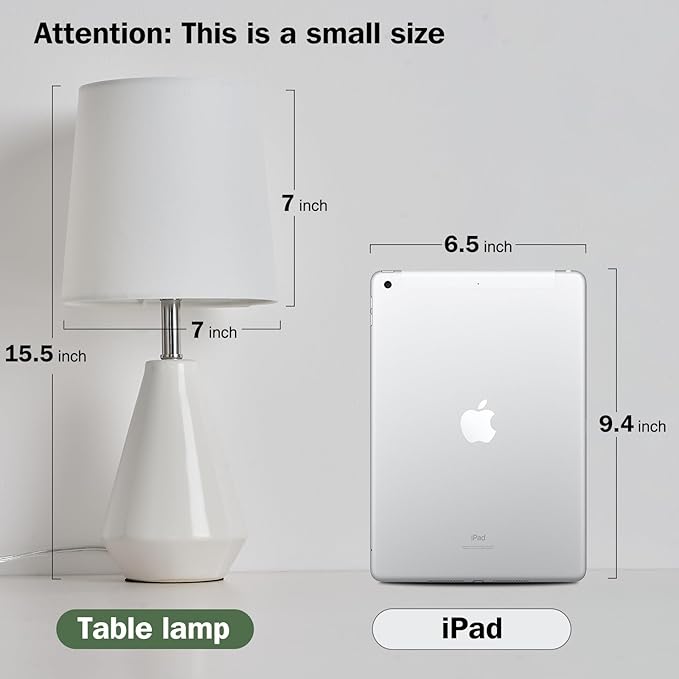 Small Bedside Table Lamp for Bedroom - Reading Desk Lamp with 3 Color Temperatures，15.5" Nightstand Ceramic Lamp with Fabric Shade for Kids Room,Living Room,Dorm,Home Office (White)