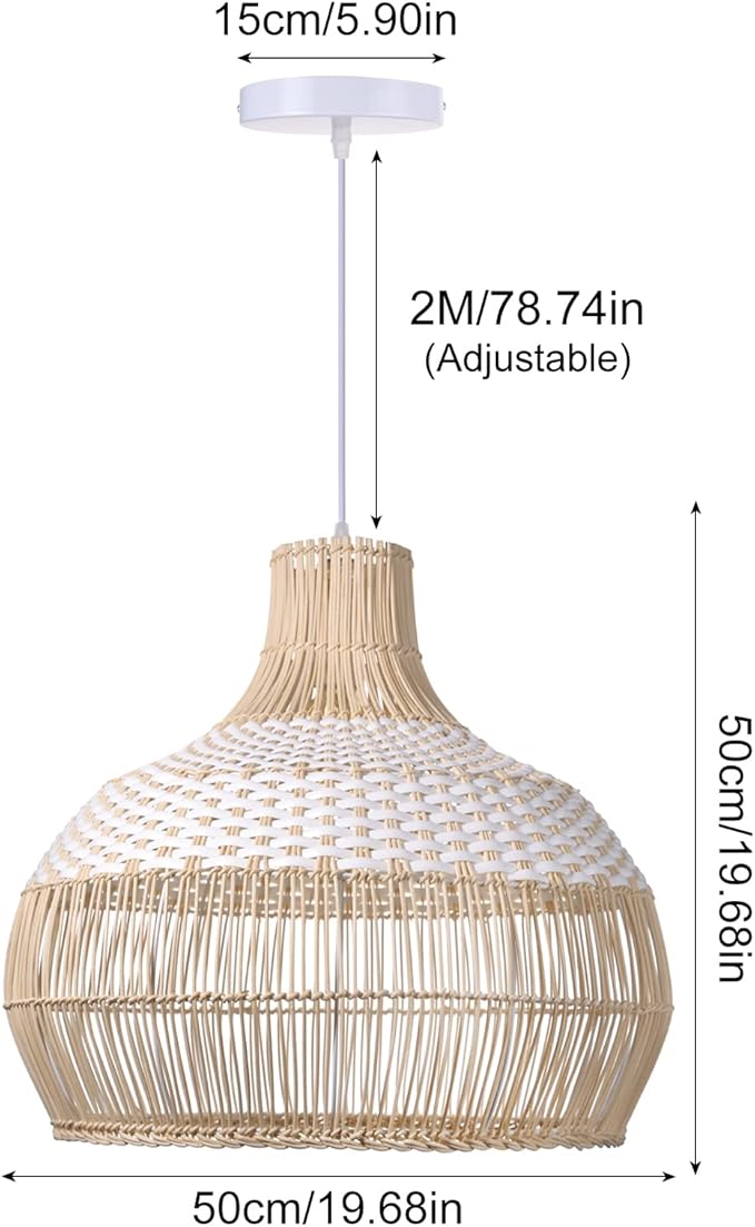Arturesthome 1 Light White Rattan Pendant Light, Wicker Hanging Ceiling Light Chandelier, Handmade Woven Lampshade for Kitchen Island