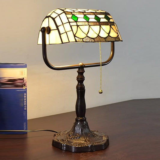 (4 Variation) Tiffany Bankers Lamp,Handmade Tiffany Table Lamp,Decorative Mediterranean Lamp,Victorian Lamps,Stained Glass Lamp for Living Room Bedroom Bedside Office,A Green