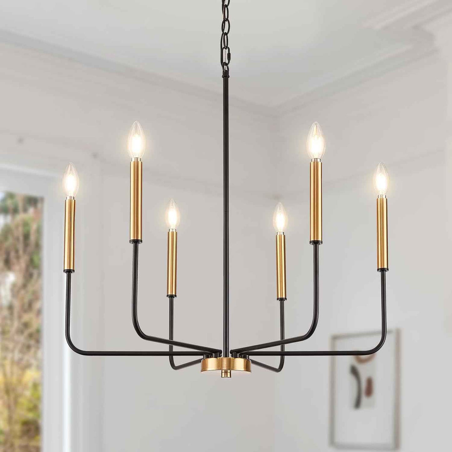 6-Light Black and Gold Dining Room Chandelier Light Fixture | Modern Farmhouse, Height Adjustable, Hanging Lights with Chain, For Living Room, High Ceiling Entryway, Bulbs Not Included