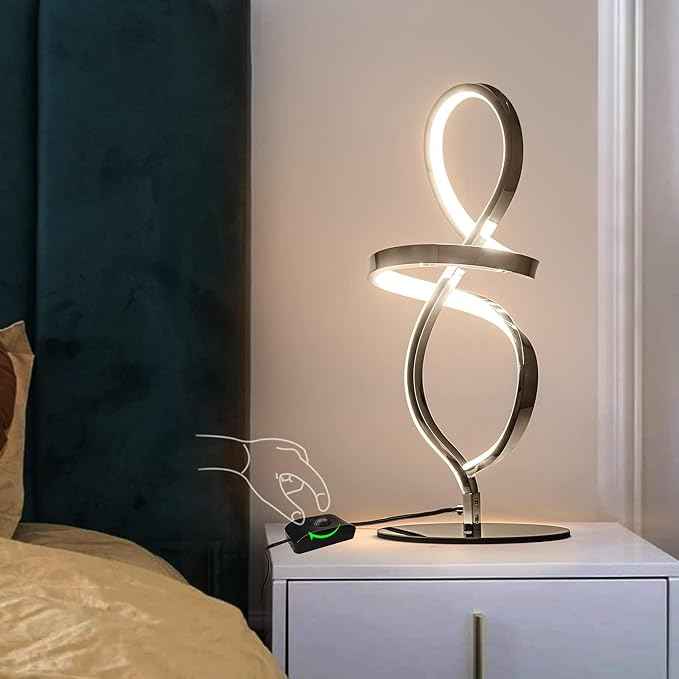 Mayful Modern Table Lamp with LED Spiral Design, Bedside Lamp with Stepless Dimming Switch, Contemporary Nightstand & Chrome Table Lamp for Bedroom, Living Room, Home Office, 12W 3200K Warm White