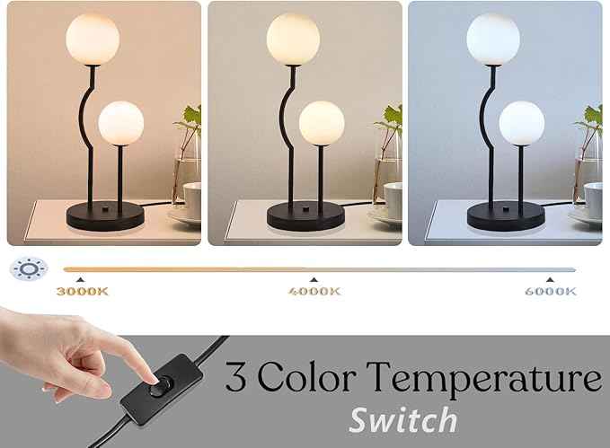 Black Mid Century Globe Table Lamp Industrial Retro 2 Lights Orb Desk Lamp with White Glass Globe Bedside Reading Light for Bedroom Living Room Study Room