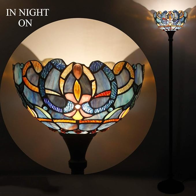 WERFACTORY Tiffany Floor Lamp Blue Purple Cloud Stained Glass Light 12X12X71 Inches Pole Torchiere Standing Corner Torch Uplight Decor Bedroom Living Room Home Office S558 Series (Blue Purple)