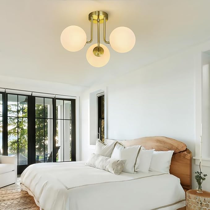 3-Light Modern Gold Ceiling Light with Globe White Glass Shade Mid Century Semi Flush Mount Ceiling Light Sputnik Chandeliers for Bedroom Living Room Dinning Room Foyer Hallway - Aura Lighting
