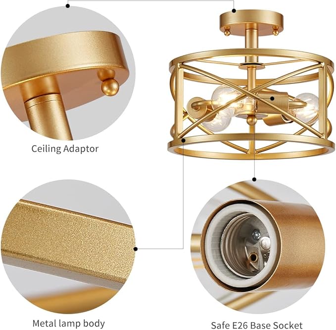 WUZUPS Chandelier 3-Light Vintage Farmhouse Industrial Semi-Flush Mount Ceiling Light Modern Lighting Fixture for Foyer Bedroom Hallway Storage Room Kitchen Bathroom, H 9.4" x W 12", E26 Base, Gold