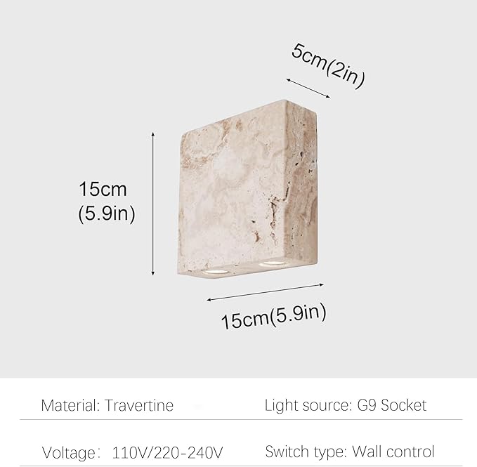 Square Natural Stone Wall Lamp, Nordic Modern Marble Wall Sconce, Japanese Style Wabi-Sabi Art Lighting Fixture, Yellow Travertine Wall Light for Bedroom Living Room Hallway Entryway Stairs