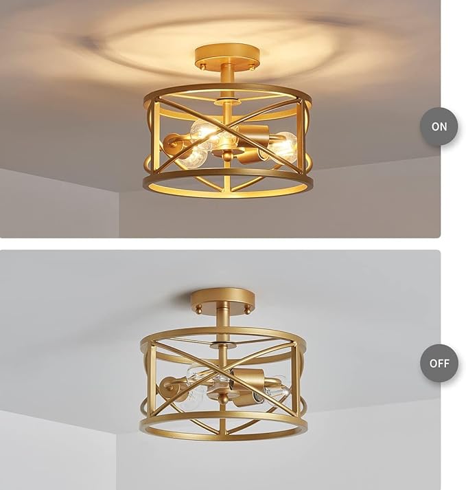 WUZUPS Chandelier 3-Light Vintage Farmhouse Industrial Semi-Flush Mount Ceiling Light Modern Lighting Fixture for Foyer Bedroom Hallway Storage Room Kitchen Bathroom, H 9.4" x W 12", E26 Base, Gold