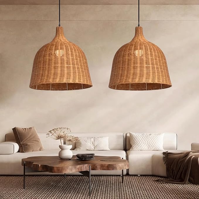 Rattan Pendant Light, Japanese Wabi-Sabi Bell Wicker Chandelier, Zen Handwoven Hanging Lamp, Farmhouse Kitchen Island Lighting Fixture,for Chinese Restaurant Tea Room Hotel Coffee Shop, E27
