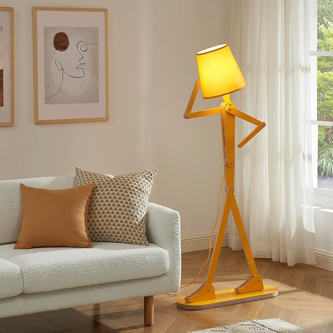 Cool Mini Wood Floor Lamp for Living Room Bedroom Bedside - Office Corner Decorative Reading Standing Light Creative Swing Arm Arc Design Gift for Kids Room - LED Bulb Included (Egg Yellow)