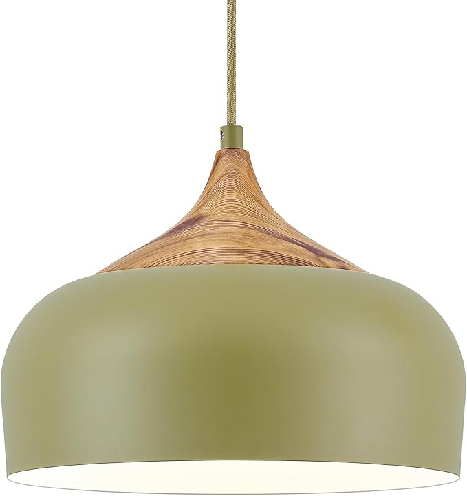 ELYONA Vintage Pendant Light Fixtures with Faux Pine Wood Grain, 12 Inch Adjustable Hanging Light Moss Green Metal Shade, Mid Century Modern Nordic Pendant Lamp for Kitchen Island Dining Room Bedroom