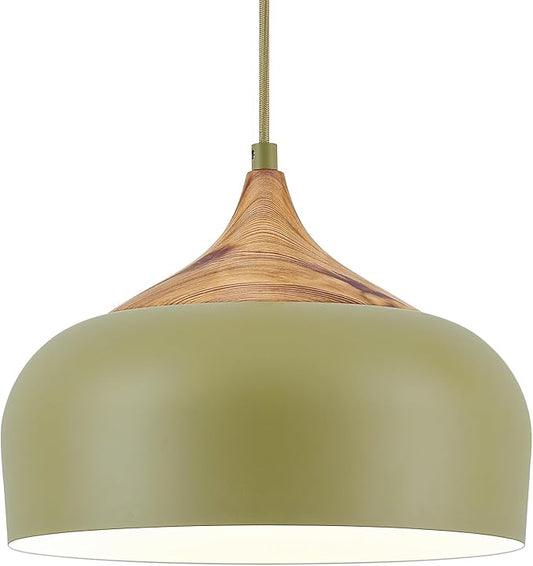 ELYONA Vintage Pendant Light Fixtures with Faux Pine Wood Grain, 12 Inch Adjustable Hanging Light Moss Green Metal Shade, Mid Century Modern Nordic Pendant Lamp for Kitchen Island Dining Room Bedroom