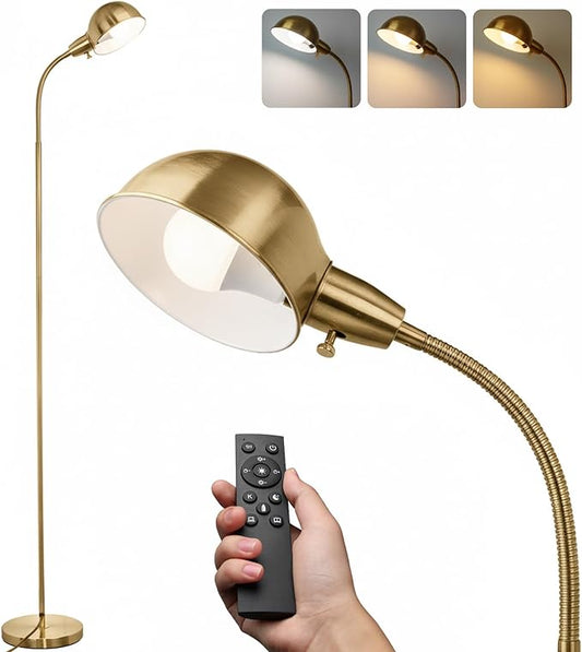 LALISU Dimmable Floor Lamp with Remote, Color Temperatures and Brightness Adjustable, Flexible Floor Lamp with Rotating Head, Modern Style Standing Tall Lamp, E26 Socket (Gold-Remote)