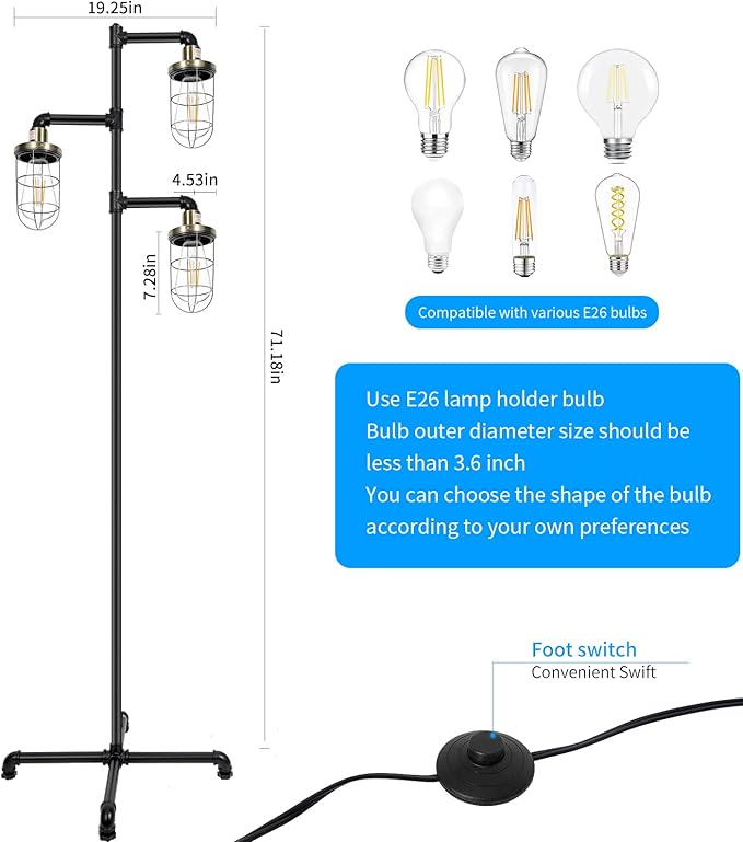 CONCA Steampunk Three Head Industrial Floor lamp with Rustic Edison Bulb and Cage Shade (Black + Green Bronze)