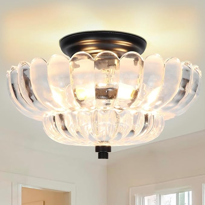 Vintage Ceiling Light, Black Semi Flush Mount Lighting with Scalloped Clear Glass Shade, Hallway Light Fixtures Ceiling Mount, Modern Farmhouse Chandelier for Kitchen Bathroom, 3 Lights