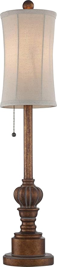 Regency Hill Bertie Traditional Natural Cottage Buffet Table Lamps 28" Tall Skinny Set of 2 Warm Brown Wood Tone Fabric Drum Shade Decor for Living Room Bedroom House Bedside Nightstand Home