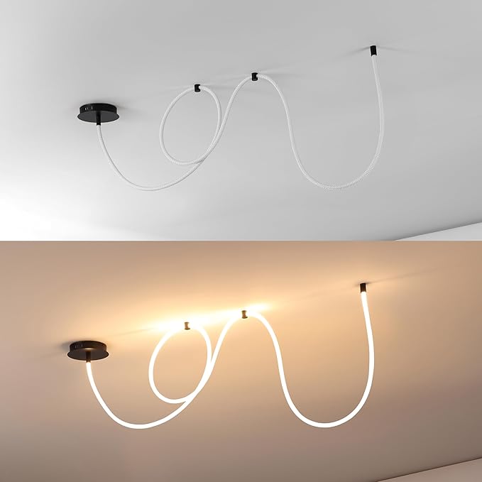 JONATHAN Y 55" Black Modern Minimalist Linear LED Flush Mount Light, 360° Adjustable Silicone Neon Rope, Dimmable Lamp for Bedroom, Living Room, Home Office (JYL7142B)