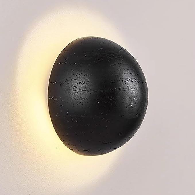 Natural Black Travertine Wall Lamp, Nordic Modern Marble Wall Sconce, Japanese Style Wabi Sabi Stone Wall Lighting Fixture for Bedroom Bedside Hallway Entryway Stairs