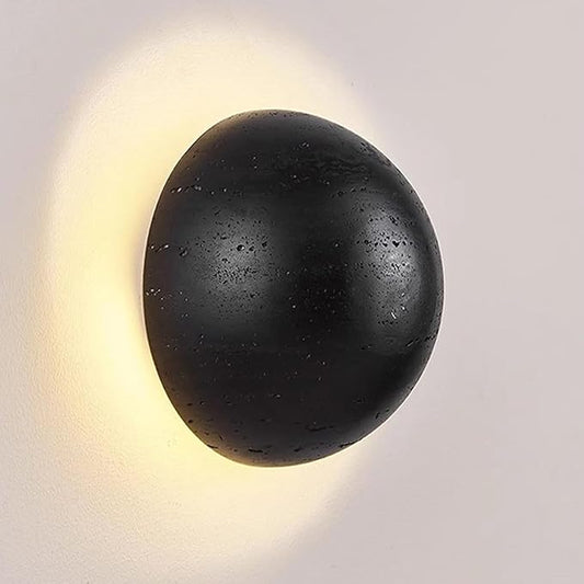 Natural Black Travertine Wall Lamp, Nordic Modern Marble Wall Sconce, Japanese Style Wabi Sabi Stone Wall Lighting Fixture for Bedroom Bedside Hallway Entryway Stairs
