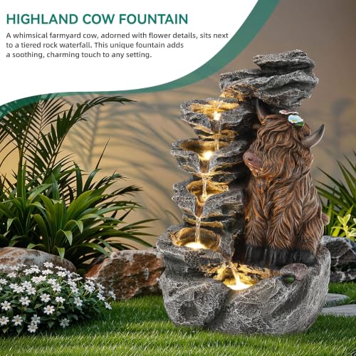 6 Tier Outdoor Water Fountain LED Waterfall with Highland Cow