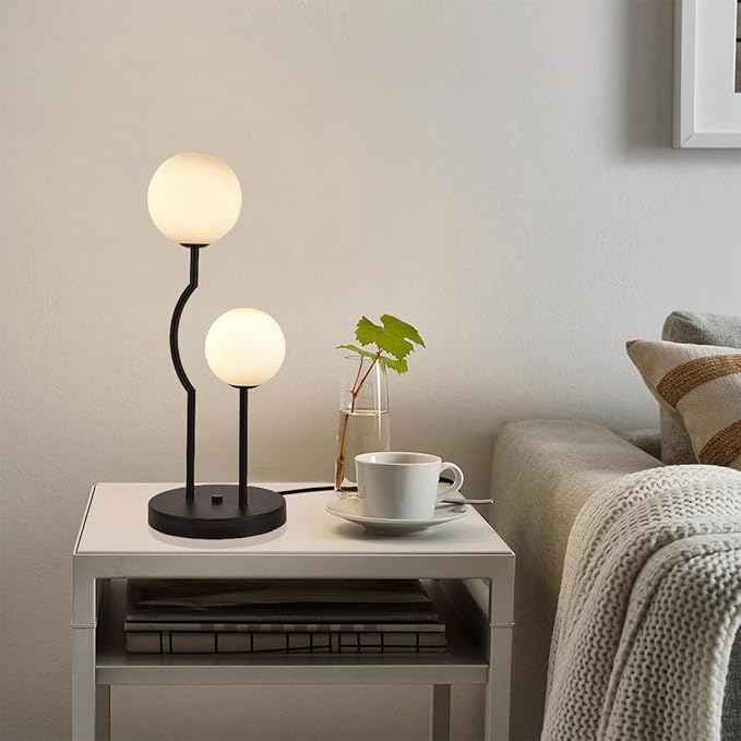 Black Mid Century Globe Table Lamp Industrial Retro 2 Lights Orb Desk Lamp with White Glass Globe Bedside Reading Light for Bedroom Living Room Study Room