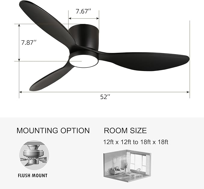 reiga 52 Inch Wood Black Modern Flush Mount Indoor Ceiling Fan with Light and Remote, 3 Propeller Blade, Quiet DC Motor for Bedroom Living Room - Aura Lighting